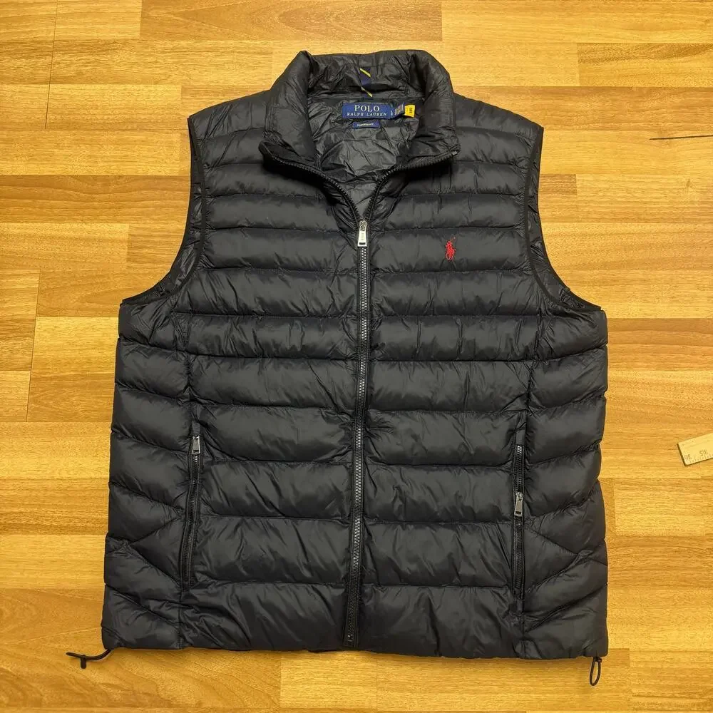 Men's Polo Ralph Lauren Black Red Down Packable Colden Zip Puffer Vest Sz Large